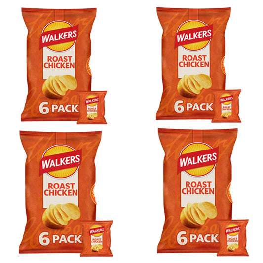 Walkers Roast Chicken Multipack Crisps 6 Mini Packs x 25g Savoury Potato Snacks (Box of 4 Packs)