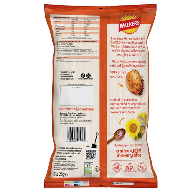 Walkers Roast Chicken Multipack Crisps 6 Mini Packs x 25g Savoury Potato Snacks (Box of 4 Packs)