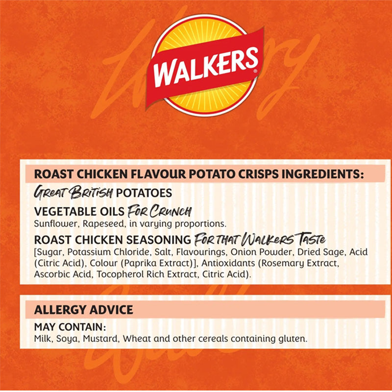 Walkers Roast Chicken Multipack Crisps 6 Mini Packs x 25g Savoury Potato Snacks (Box of 4 Packs)