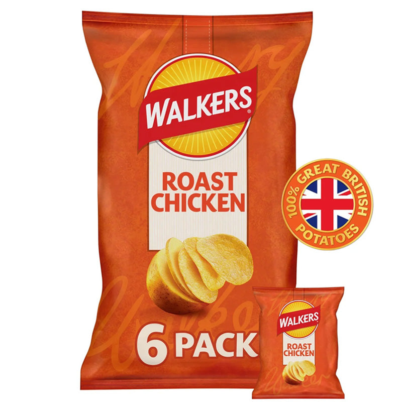 Walkers Roast Chicken Multipack Crisps 6 Mini Packs x 25g Savoury Potato Snacks (Box of 4 Packs)