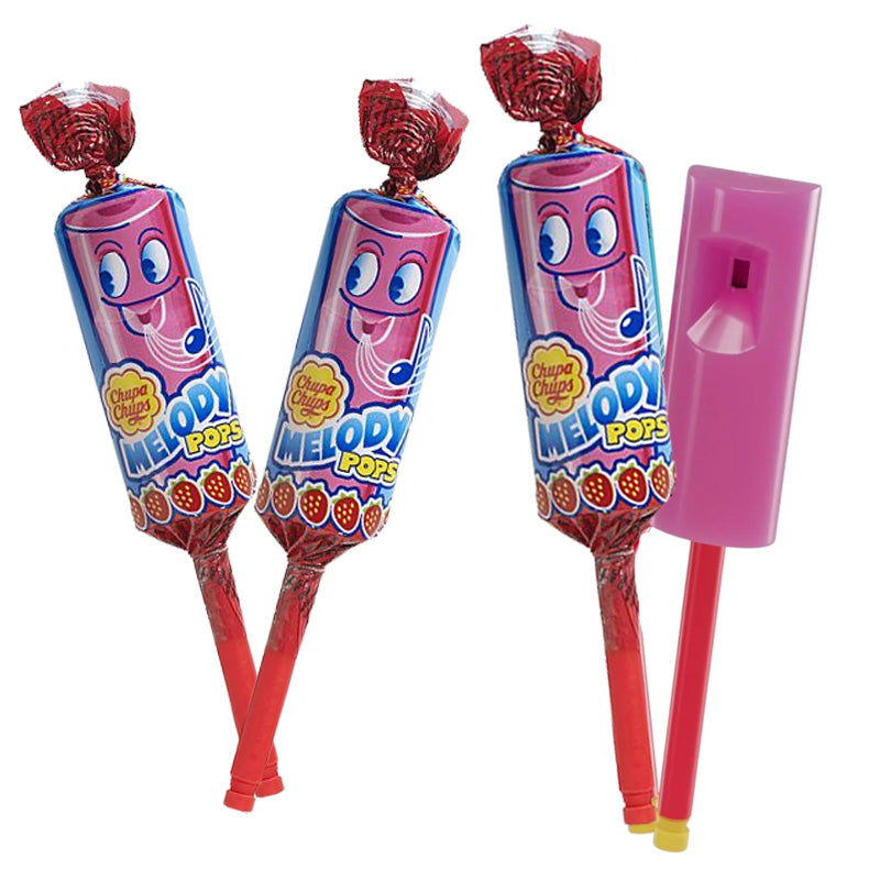 Chupa Chups Melody Pops Strawberry Flavour Lollipops 15g (Box of 48 Whistle Candy Lollipops)