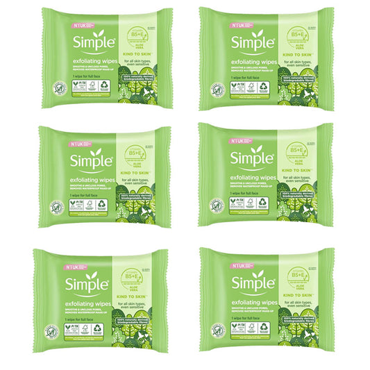 Simple Facial Exfoliating 20 Wipes per Pack Gentle Skin Cleansing & Makeup Removal Wipes (Box of 6 Packs)