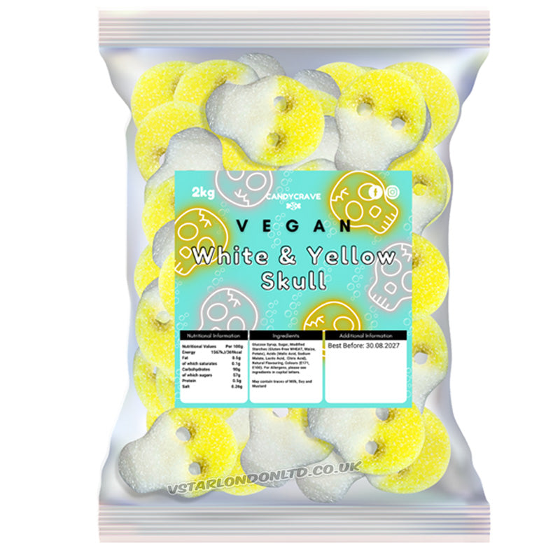 Candycrave Vegan Fizzy White & Yellow Skulls 2kg – Sour Fruit Flavoured Halloween Gummy Sweets