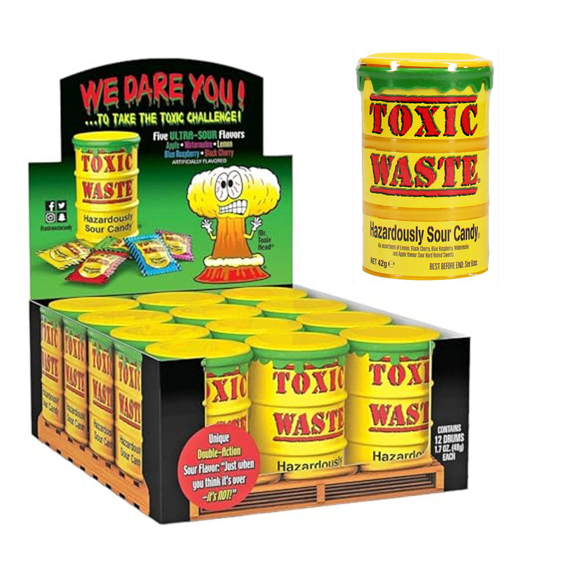 Toxic Waste Sour Candy Drum 42g | Yellow Red Green Purple Fusion Flavours Extreme Sour Sweets (Box of 12 Drums)